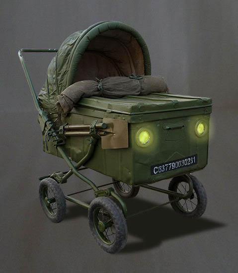 Un landau destiné à transporter les bébés sur le front